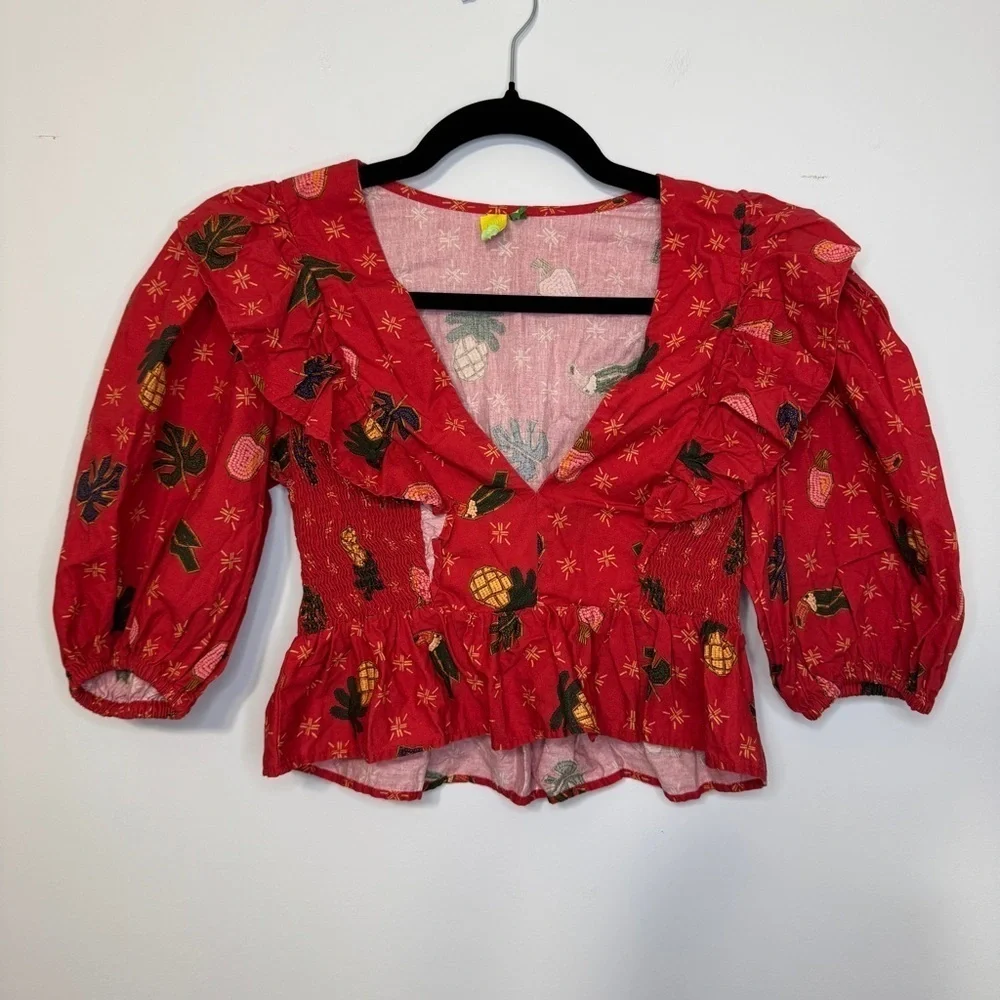 🍍 FARM Rio Red Tropical Print Ruffle Smocked Peplum Blouse (Size P / Small)